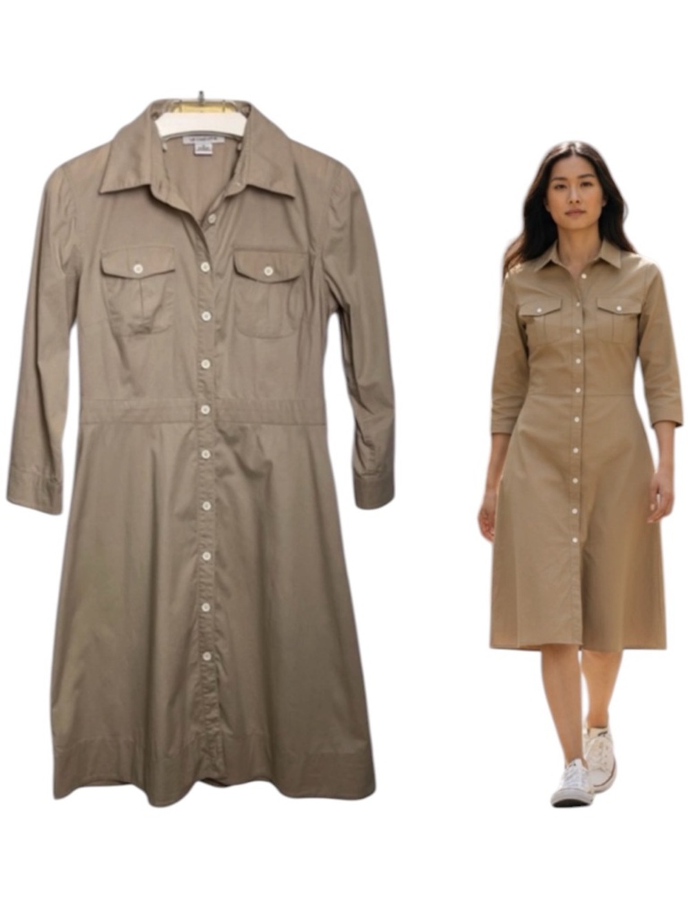 LIZ CLAIBORNE Khaki Shirtdress Midi Button Front Long Sleeve Utility Dress